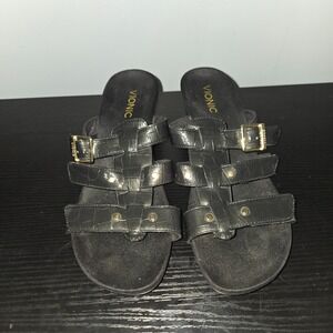Vionic Radia Wedge Sandals Women Sz 9 Black Patent Croco Triple Strap Slide NWOB
